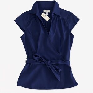 NWT Ann Taylor LOFT Petites 0P Navy Wrap Blouse Tie Waist Top